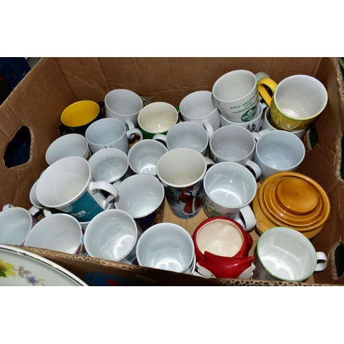 460 - SIX BOXES OF CERAMICS AND GLASSWARE, to include a large quantity of mugs, dinner plates, cake stands... 