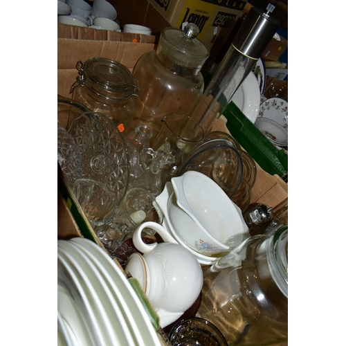 460 - SIX BOXES OF CERAMICS AND GLASSWARE, to include a large quantity of mugs, dinner plates, cake stands... 