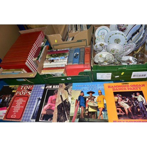 468 - FOUR BOXES OF BOOKS, RECORDS & SUNDRIES to include forty-nine book titles in hardback format, subjec... 