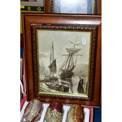 469 - THREE BOXES AND LOOSE PAINTINGS, BOOKS, CERAMICS AND SUNDRY ITEMS, to include two framed maritime wa... 