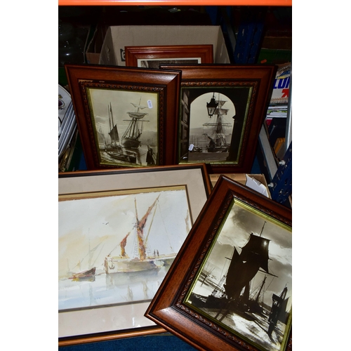 469 - THREE BOXES AND LOOSE PAINTINGS, BOOKS, CERAMICS AND SUNDRY ITEMS, to include two framed maritime wa... 