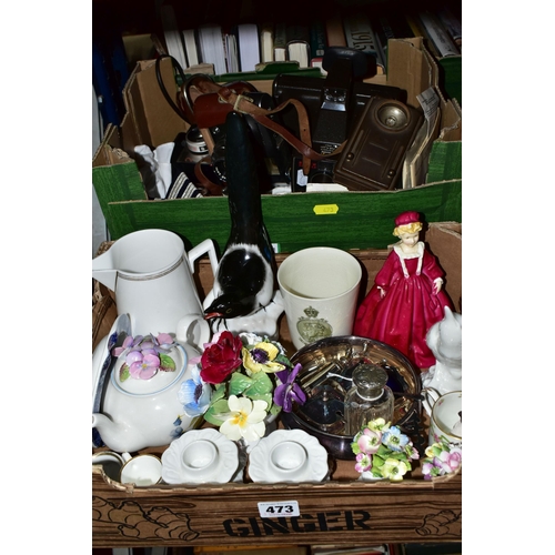 473 - TWO BOXES OF CERAMICS, METALWARES, CAMERAS AND SUNDRY ITEMS, to include a Royal Worcester Grandmothe... 