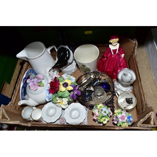 473 - TWO BOXES OF CERAMICS, METALWARES, CAMERAS AND SUNDRY ITEMS, to include a Royal Worcester Grandmothe... 