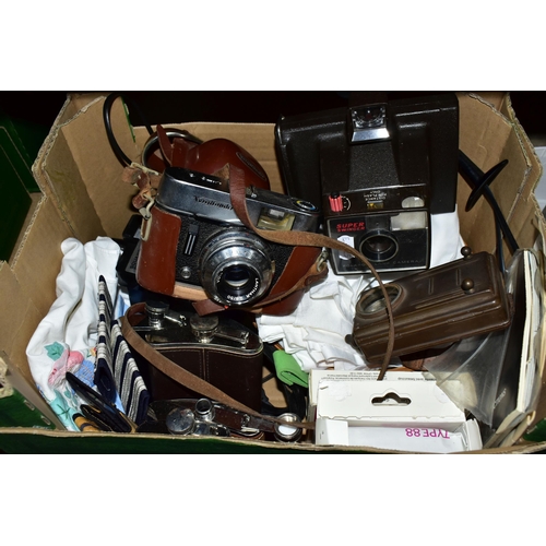 473 - TWO BOXES OF CERAMICS, METALWARES, CAMERAS AND SUNDRY ITEMS, to include a Royal Worcester Grandmothe... 