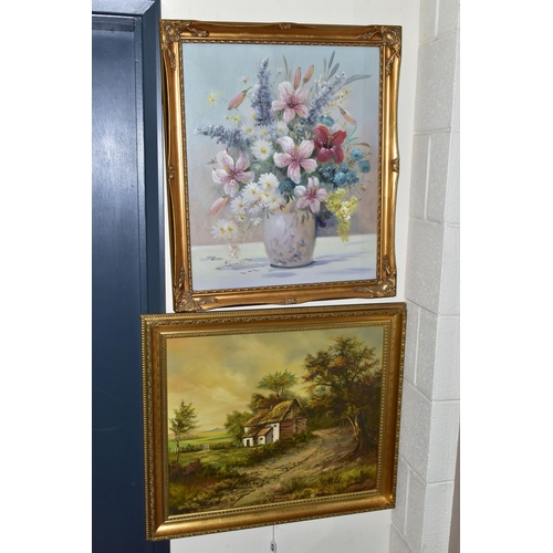 479 - A SMALL QUANTITY OF PICTURES AND PRINTS, comprising a still life flower study signed Ebwards, oil on... 