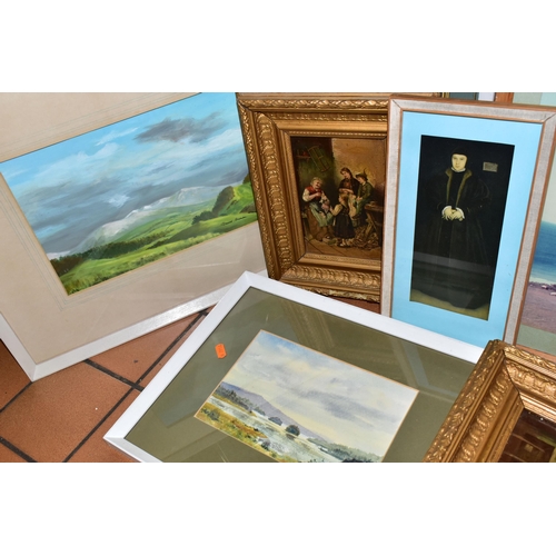 482 - TWO BOXES AND LOOSE PAINTINGS AND PRINTS ETC, to include an early 20th century pen and watercolour w... 