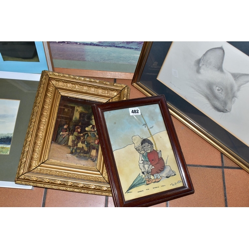 482 - TWO BOXES AND LOOSE PAINTINGS AND PRINTS ETC, to include an early 20th century pen and watercolour w... 