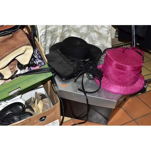 485 - THREE BOXES OF VINTAGE HATS, SHOES AND A WEDDING DRESS, comprising a vintage long sleeved cream sati... 