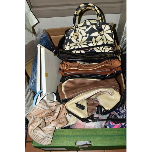 485 - THREE BOXES OF VINTAGE HATS, SHOES AND A WEDDING DRESS, comprising a vintage long sleeved cream sati... 