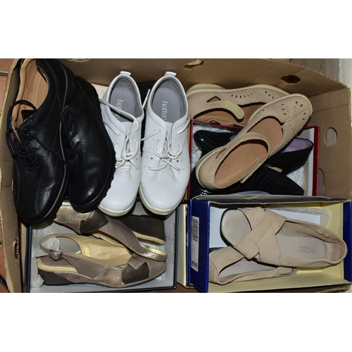 485 - THREE BOXES OF VINTAGE HATS, SHOES AND A WEDDING DRESS, comprising a vintage long sleeved cream sati... 