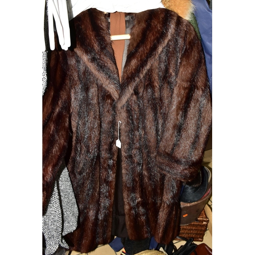 486 - A GROUP OF VINTAGE LADIES CLOTHING, to include a mid-length brown fur coat, a green wool Fortown ove... 