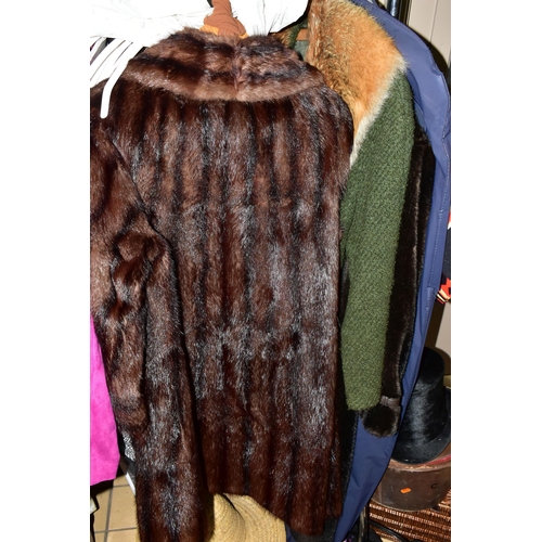 486 - A GROUP OF VINTAGE LADIES CLOTHING, to include a mid-length brown fur coat, a green wool Fortown ove... 