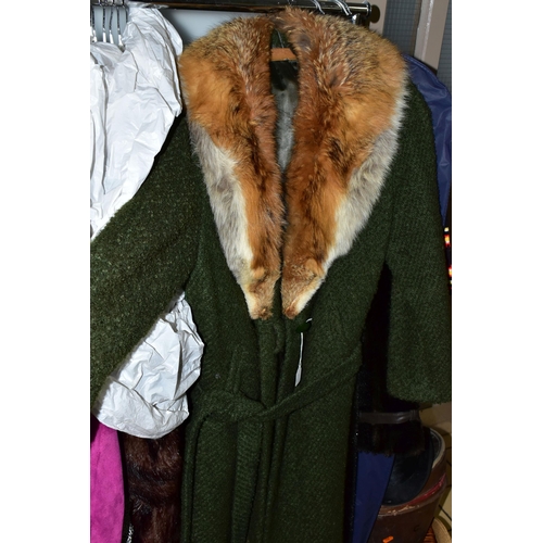 486 - A GROUP OF VINTAGE LADIES CLOTHING, to include a mid-length brown fur coat, a green wool Fortown ove... 