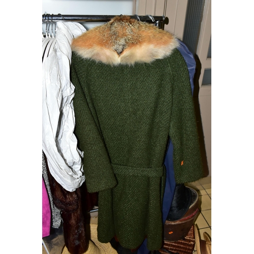 486 - A GROUP OF VINTAGE LADIES CLOTHING, to include a mid-length brown fur coat, a green wool Fortown ove... 