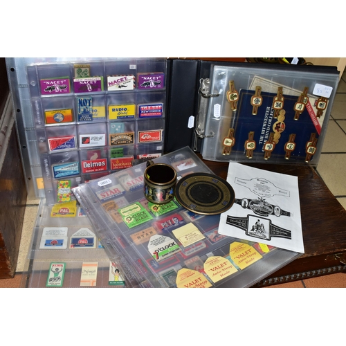 489 - A COLLECTION OF EARLY 20TH CENTURY RAZOR BLADE PACKETS, CIGAR BANDS AND WOODEN CASES, comprising an ... 