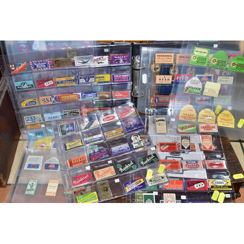 489 - A COLLECTION OF EARLY 20TH CENTURY RAZOR BLADE PACKETS, CIGAR BANDS AND WOODEN CASES, comprising an ... 