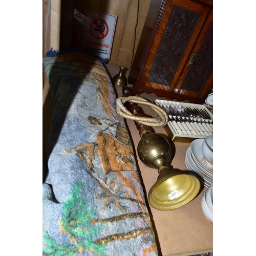 490 - A VICTORIAN SMOKER'S CABINET, BRASS HOOKA PIPE AND TEAWARES, comprising a Victorian oak smoker's cab... 