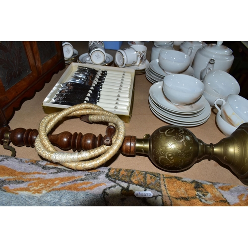 490 - A VICTORIAN SMOKER'S CABINET, BRASS HOOKA PIPE AND TEAWARES, comprising a Victorian oak smoker's cab... 