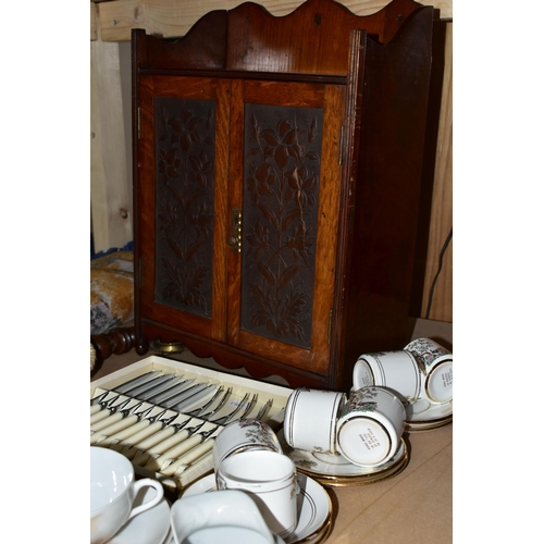 490 - A VICTORIAN SMOKER'S CABINET, BRASS HOOKA PIPE AND TEAWARES, comprising a Victorian oak smoker's cab... 