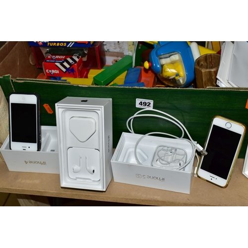 492 - FOUR BOXES OF MISCELLANEOUS SUNDRIES, to include a boxed set of iPhone 5s ear pods 16GB model A1457,... 