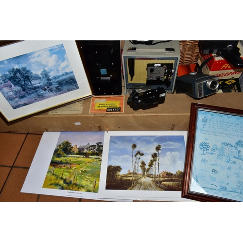 493 - ONE BOX OF FRAMED PRINTS, VINTAGE MOVIE CAMERAS AND PROJECTORS, to include a large gilt framed water... 