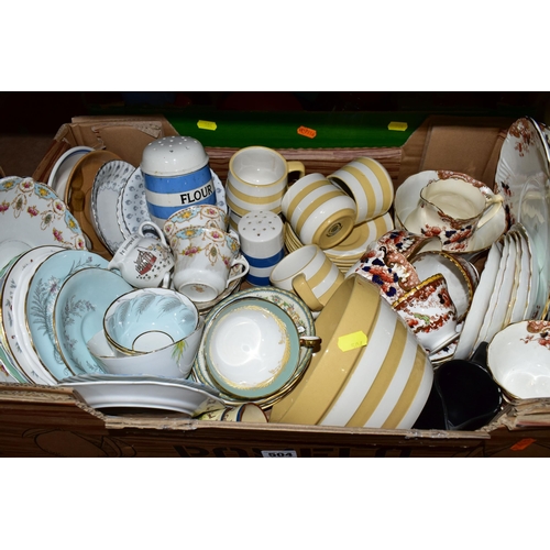 504 - FOUR BOXES AND LOOSE CERAMICS AND SUNDRY KITCHEN WARES, to include a TG Green Cornish Ware flour sha... 