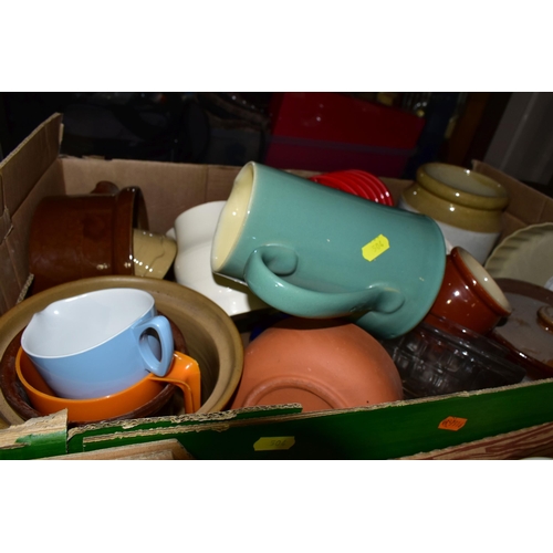 504 - FOUR BOXES AND LOOSE CERAMICS AND SUNDRY KITCHEN WARES, to include a TG Green Cornish Ware flour sha... 