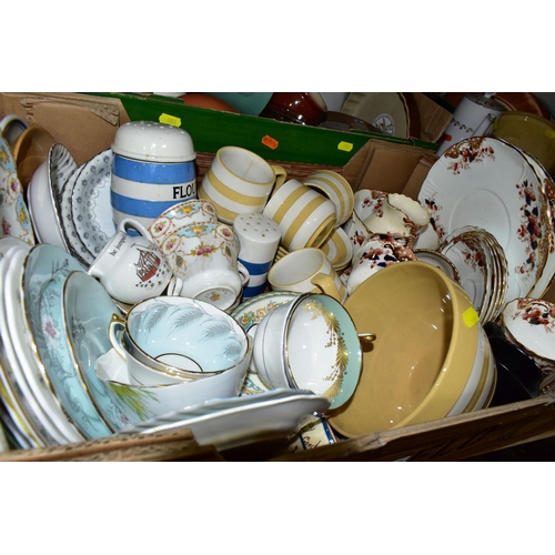 504 - FOUR BOXES AND LOOSE CERAMICS AND SUNDRY KITCHEN WARES, to include a TG Green Cornish Ware flour sha... 