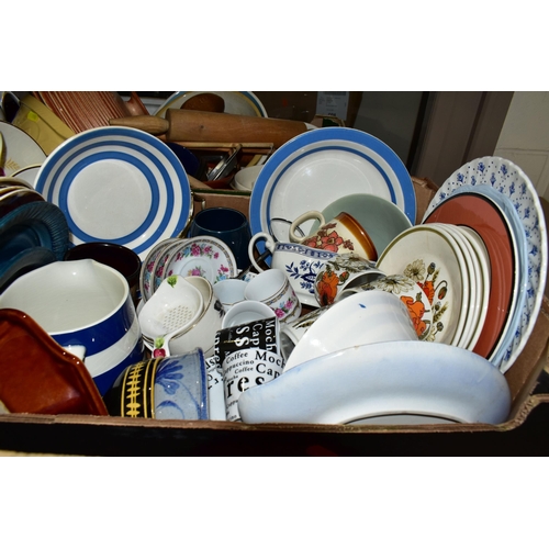 504 - FOUR BOXES AND LOOSE CERAMICS AND SUNDRY KITCHEN WARES, to include a TG Green Cornish Ware flour sha... 