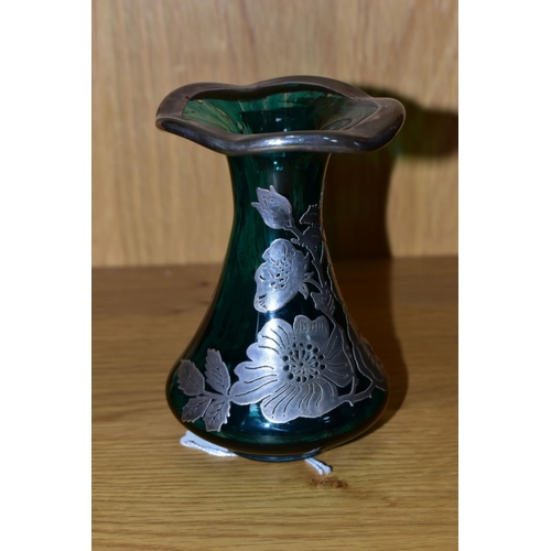 513 - A GREEN LAUGHARNE GLASS VASE WITH SILVER OVERLAY, the overlay in the form of flowers and foliage, ha... 