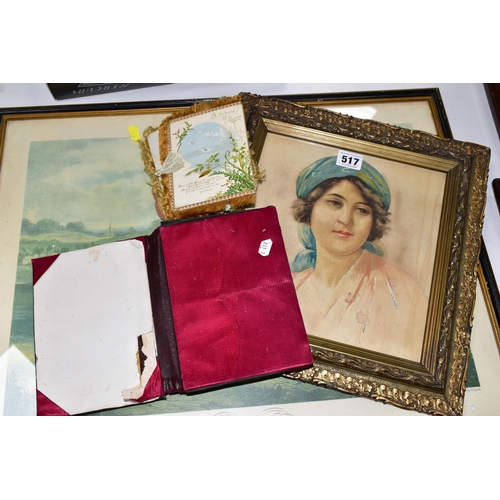 517 - A SMALL QUANTITY OF PICTURES AND PRINTS ETC, comprising a watercolour depicting a portrait of female... 