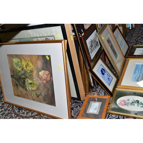 518 - A QUANTITY OF PAINTINGS AND PRINTS ETC,  to include an Eileen Cross watercolour depicting poppy flow... 