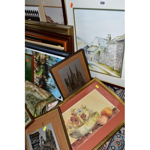 520 - A SMALL QUANTITY OF PAINTINGS AND PRINTS ETC, to include F Milner a still life study of flowers and ... 