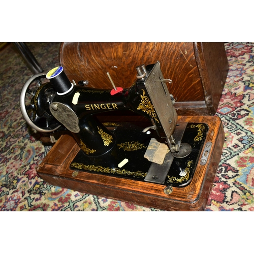 523 - TWO BOXES AND LOOSE SUNDRY ITEMS ETC, to include a vintage hand operated Singer sewing machine with ... 