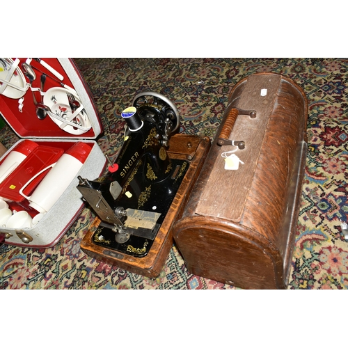 523 - TWO BOXES AND LOOSE SUNDRY ITEMS ETC, to include a vintage hand operated Singer sewing machine with ... 