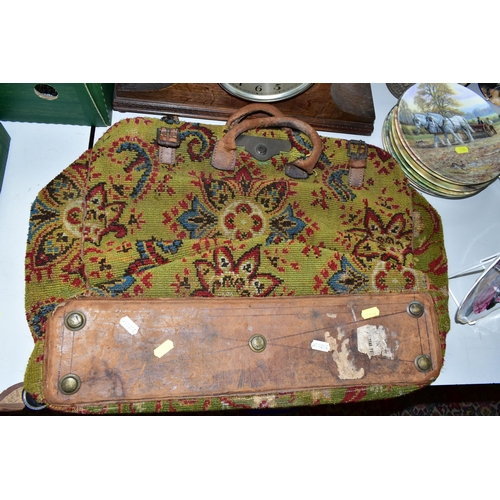 524 - TWO BOXES AND LOOSE SUNDRY ITEMS ETC, comprising a vintage carpet bag, chiming mantle clock in need ... 