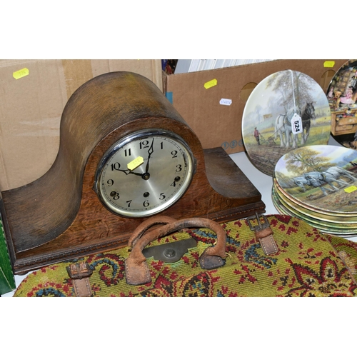 524 - TWO BOXES AND LOOSE SUNDRY ITEMS ETC, comprising a vintage carpet bag, chiming mantle clock in need ... 