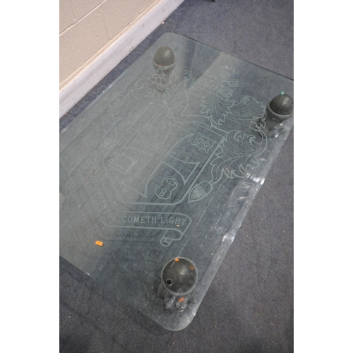 1200 - A HEAVY BESPOKE COFFEE TABLE, with an etched glass coat of arms of the City of Wolverhampton crest t... 