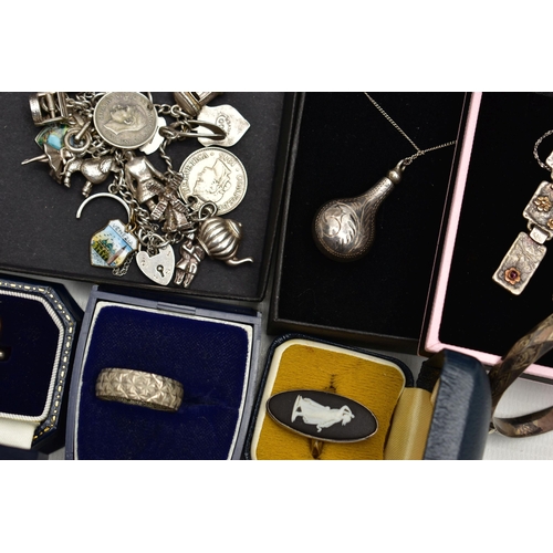 102 - A BOX OF SILVER AND WHITE METALL JEWELLERY, to include a silver Wedgwood ring, of an oval design set... 