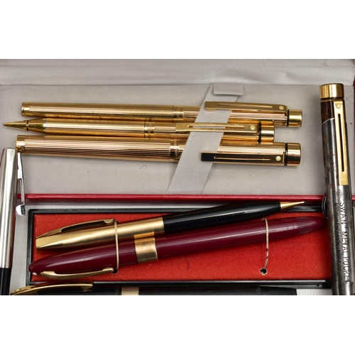 104 - A BOX OF ASSORTED 'SHEAFFER' PENS, to include a boxed three piece gold plated 'Sheaffer' set, a boxe... 