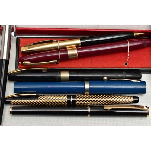 104 - A BOX OF ASSORTED 'SHEAFFER' PENS, to include a boxed three piece gold plated 'Sheaffer' set, a boxe... 