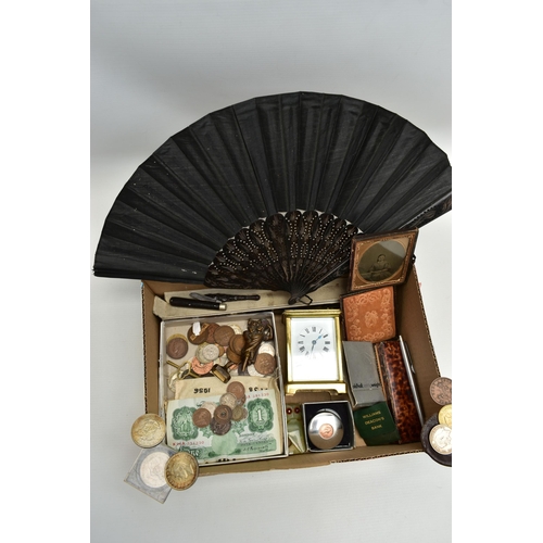 105 - A BOX OF ASSORTED ITEMS, to include an a/f brass carriage clock, with four glass viewing panels, mov... 