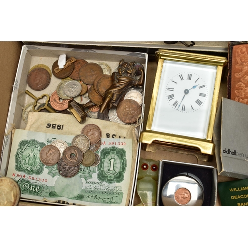 105 - A BOX OF ASSORTED ITEMS, to include an a/f brass carriage clock, with four glass viewing panels, mov... 