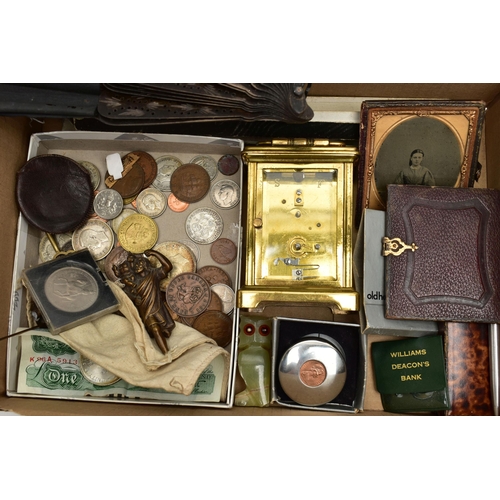 105 - A BOX OF ASSORTED ITEMS, to include an a/f brass carriage clock, with four glass viewing panels, mov... 