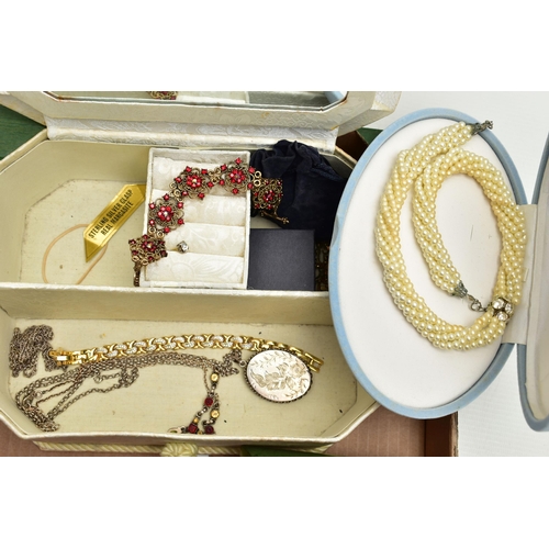 106 - A BOX OF ASSORTED WHITE METAL JEWELLERY WITH JEWELLEY BOXES, to include an oval floral detailed lock... 