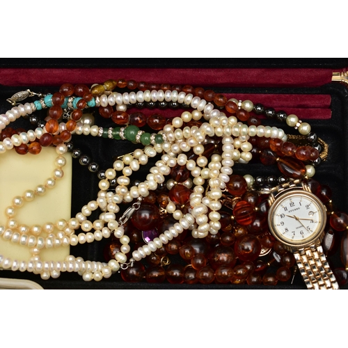 107 - A BOX OF ASSORTED COSTUME AND WHITE METAL JEWELLERY, to include a silver belcher chain, fitted with ... 