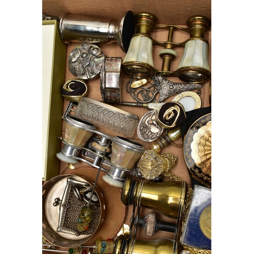 108 - A BOX OF ASSORTED ITEMS, to include a yellow metal floral shape stick pin with white metal pin, a pa... 