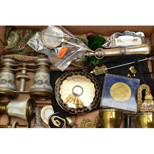 108 - A BOX OF ASSORTED ITEMS, to include a yellow metal floral shape stick pin with white metal pin, a pa... 