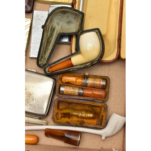 109 - A BOX OF SMOKING RELATED ITEMS, to include a cased smoking pipe, pipe signed 'Falcon made in England... 