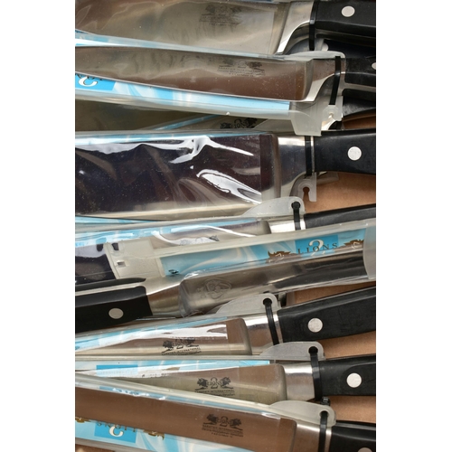 111 - A BOX OF NEW AND UNOPENED KITCHEN KNIVES, twelve in total to include four 8   chefs knives, two 6   ... 